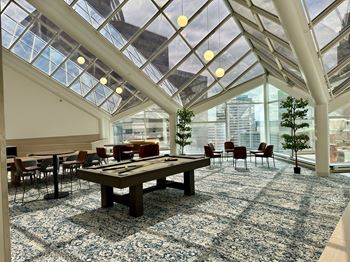 A large room with a glass ceiling and a long table with chairs.